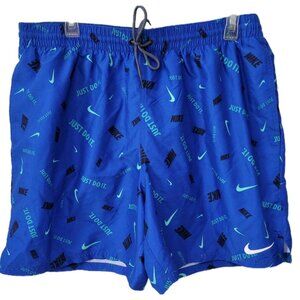 Nike Just Do It! Swim Trunks XL Men's Blue Lined All Over Print Drawstring Waist